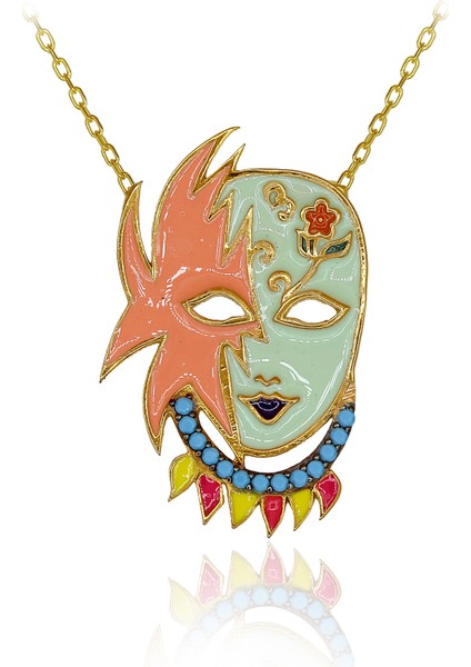 Turkuaz Taşlı Mineli Rengarenk Maske Gümüş Kolye