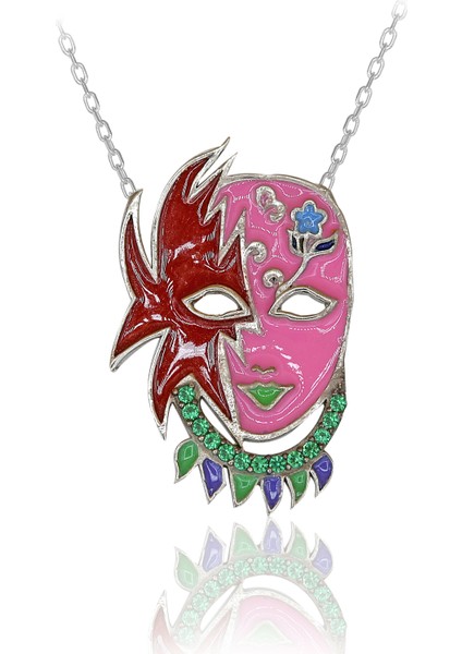 Yeşil Taşlı Mineli Rengarenk Maske Gümüş Kolye