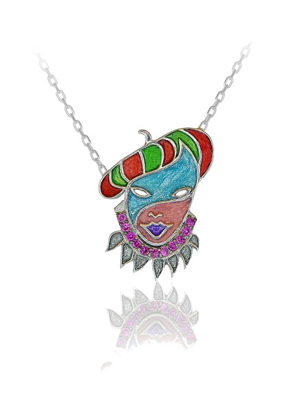 Fuşya Taşlı Renkli Mineli Robin Hood Maske Gümüş Kolye