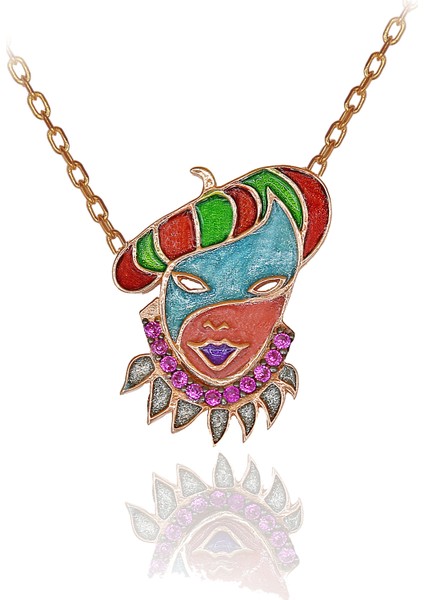 Fuşya Taşlı Renkli Mineli Robin Hood Maske Gümüş Kolye