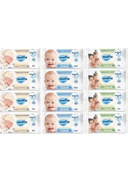Islak Havlu Mendil Izotonik Karma Set 12 Li Set (Yeni Doğan-Hassas Cilt-Ferah Temizlik)
