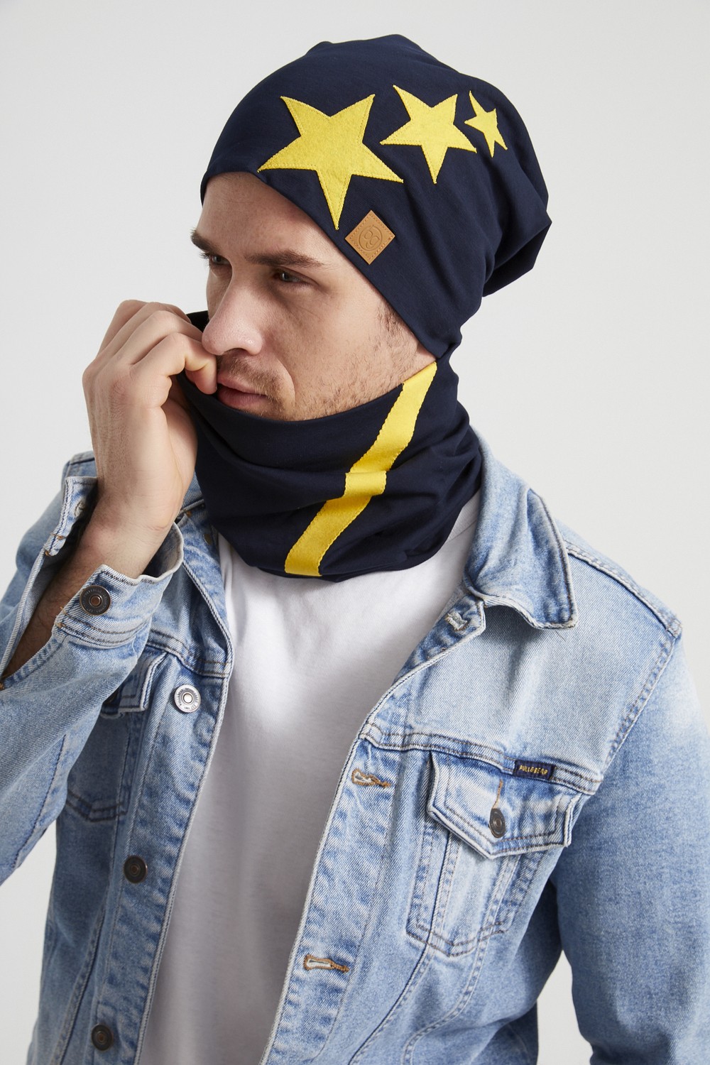 Butikgiz Sarı Lacivert Yıldızlı Efsane Çubuklu Ipli 4 Mevsim Şapka Bere Boyunluk Takım -Yumuşak Doğal Penye