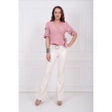 Sense Kemerli Ispanyol Paça Şardonlu Deri Pantolon PNT33313 Ekru