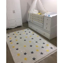Yıldız Çocuk Kaymaz Halı Tabanlı Yıkanabilir Halı Kilim Yolluk Dijital Baskı Beyaz Gri Sarı