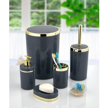 Imera Akrilik Yapım Gold Çizgi Banyo Takımı 5'li Yuvarlak Banyo Seti Antrasit