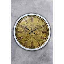 Platin Saat 40 cm Beyaz Metal Maps Duvar Saati