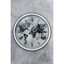 Platin Saat 40 cm Beyaz Metal Eskitme Dünya Duvar Saati