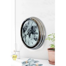 Platin Saat 40 cm Krom Metal Eskitme Dünya Duvar Saati
