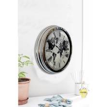Platin Saat 40 cm Krom Metal Eskitme Dünya Duvar Saati