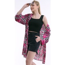 Dnz Kadın Fuşya Pembe Yaprak Desenli Uzun Kimono