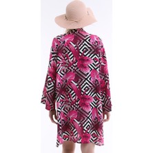 Dnz Kadın Fuşya Pembe Yaprak Desenli Uzun Kimono