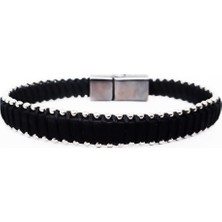 BijuStore Siyah Örme Boncuklu Erkek Deri Bileklik