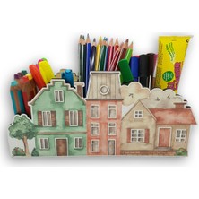 Atölye Dide Ahşap Renki Evler Çocuklar Için Masaüstü  Kalemlik Kalem Kutusu ve Organizer