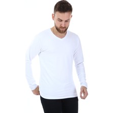 Ymz Moda Uzun Kol V  Yaka T-Shirt- Beyaz