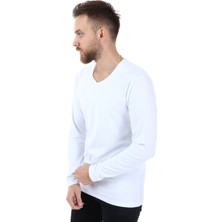 Ymz Moda Uzun Kol V  Yaka T-Shirt- Beyaz