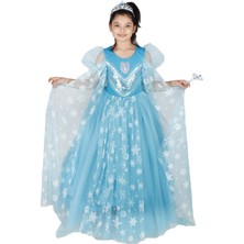 Masho Trend Özel Tasarım Tarlatanlı Pelerinli Simli Karpuz Kollu Elsa Kostümü - Frozen Kostümü -Tül Saten Kostüm