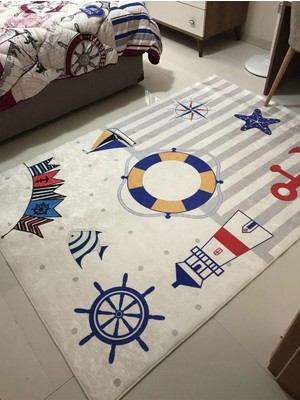 Denizci Çoçuk Kaymaztabanlı Yıkanabilir Halı Kilim Yolluk Dijital Baskı Beyaz Mavi Gri