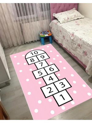 Pembe Seksek Çocuk Kaymaztabanlı Yıkanabilir Halı Kilim Yolluk Dijital Baskı Pembe Beyaz