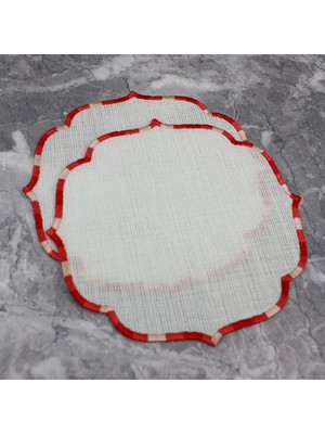 Weare2 Geçişli Kırmızı Renkli Nakışlı Keten Efektli 2'li Kokteyl Peçetesi Bardak Altlığı