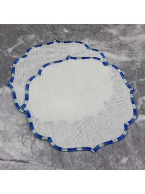 Weare2 Geçişli Mavi Renkli Nakışlı Keten Efektli 2'li Kokteyl Peçetesi Bardak Altlığı