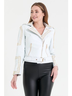Nero Leather - Gold Zımba Detaylı Deri Ceket (Slim Fit)