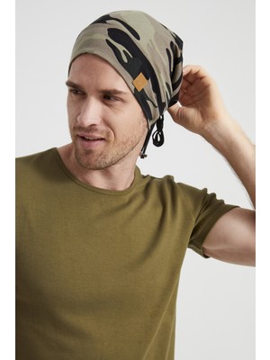 Butikgiz Erkek Haki Kamuflaj Desenli Ip Detaylı 4 Mevsim Şapka Bere -Ultra Yumuşak Doğal Penye Kumaş