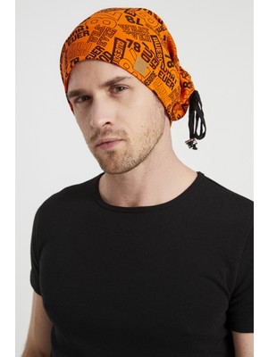 Butikgiz Erkek Turuncu Siyah Figürlü Ip Detaylı 4 Mevsim Şapka Bere -Ultra Yumuşak Doğal Penye Kumaş