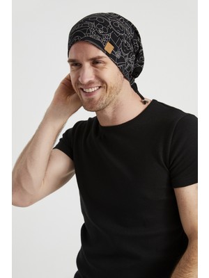 Butikgiz Erkek Siyah Beyaz Desenli Ip Detaylı 4 Mevsim Şapka Bere -Ultra Yumuşak Doğal Penye Kumaş