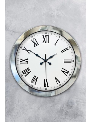 Platin Saat 36 cm Krom Metal Romen Sayılı Duvar Saati