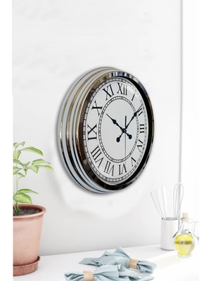 Platin Saat 40 cm Krom Metal Romen Rakamlı Duvar Saati