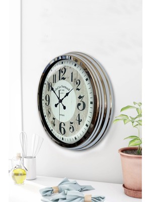 Platin Saat 40 cm Krom Metal Büyük Rakam Duvar Saati