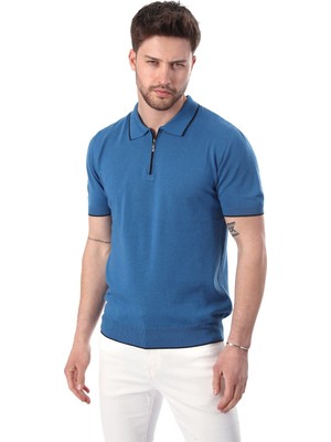 Ferraro Havacı Yaka Şerit Fermuarlı Erkek Pamuk Triko T-Shirt