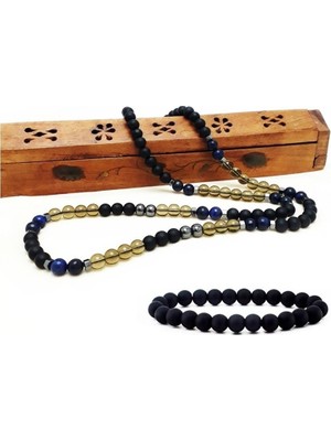BijuStore Lapis - Dumanlı Kuvars - Hematit - Oniks Erkek Ikili Kombin Doğal Taş Kolye