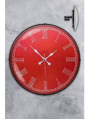 Platin Saat 35 cm Bombeli Gerçek Camlı Kırmızı Duvar Saati