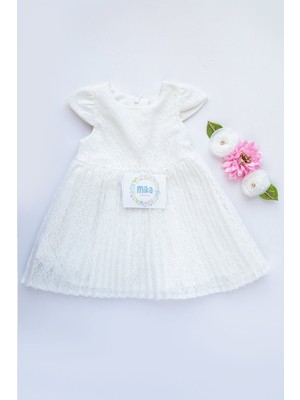 Mika Bebek Pembe Çiçekli Kız Bebek Beyaz Dantel Elbise