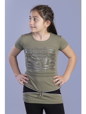 Toontoy  Kız Çocuk T-Shirt Love Varak Baskı Haki 10 Yaş K-128