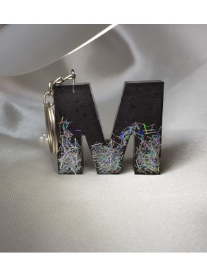 Sultan Tasarım M Harfi Siyah Gümüş Hologramlı Epoksi Anahtarlık