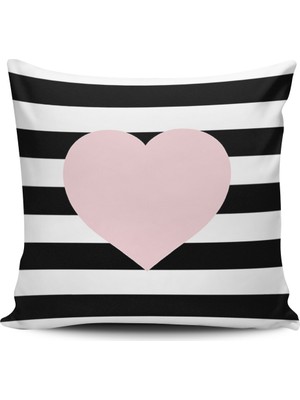 Alkan Homes Kırlent Dünyası Çizgili Kalpli Dijital Baskılı Kırlent Kılıfı