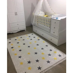 Yıldız Çocuk Kaymaz Halı Tabanlı Yıkanabilir Halı Kilim Yolluk Dijital Baskı Beyaz Gri Sarı