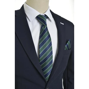 Çizgili Lacivert Yeşil Mendilli Kravat