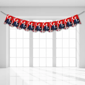 Süsle Bebek ve Parti Bayraklı Atatürk Flama Seti, 1,50mt Kurdele Dizili 11cm x 17cm - 10'lu
