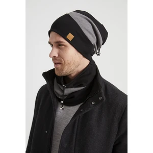 Erkek Genç Yeni Sezon Siyah Gri Parçalı Ipli Şapka Bere Boyunluk Takım -Sporrahatpamuklu Termal