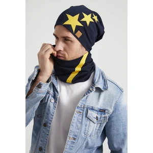 Sarı Lacivert Yıldızlı Efsane Çubuklu Ipli 4 Mevsim Şapka Bere Boyunluk Takım -Yumuşak Doğal Penye