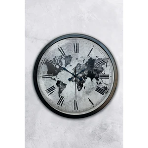 Platin Saat 40 cm Siyah Metal Eskitme Dünya Duvar Saati