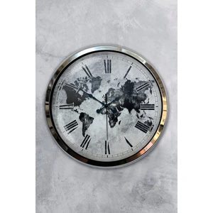 Platin Saat 40 cm Krom Metal Eskitme Dünya Duvar Saati