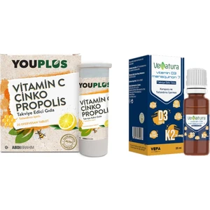 Vitamin C Çinko Propolis 20 Efervesan Tablet ve Venatura Vitamin D3 ve K2 20ML Damla