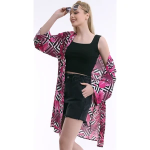 Kadın Fuşya Pembe Yaprak Desenli Uzun Kimono