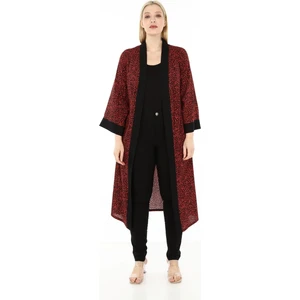 Disentis Modest Büyük Beden Şal Yaka Önü ve Kolları Siyah Garnili Yanları Yırtmaç Detaylı Kuşaklı Kırmızı Siyah Uzun Kimono