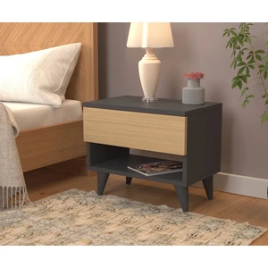 Nightstand Çekmeceli Bölmeli Komodin Ayaklı Meşe Antrasit