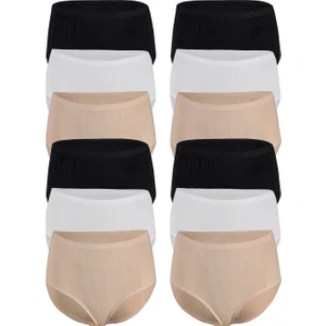 Kadın 12'li Paket Çizgili Yüksek Bel Bato Külot